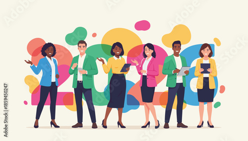 Diverse business team smiling holding devices representing future success and corporate goals for 2024