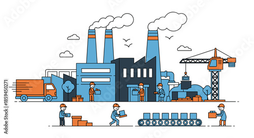 Factory illustration Industrial production workers conveyor belt logistics and delivery truck