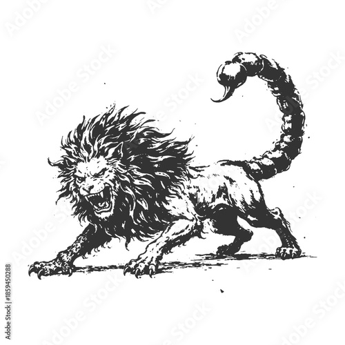 Mythical manticore creature with lion body and scorpion tail, black and white hand drawn line art vector illustration