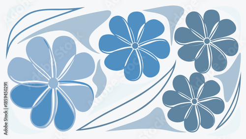 Blue flowers graphic design element, floral illustration with leaves and stems, decorative botanical artwork