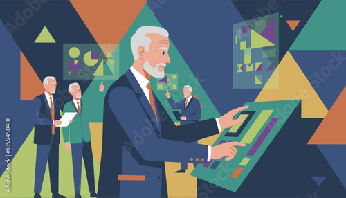 Senior businessmen analyze data on a control panel in an abstract futuristic corporate environment