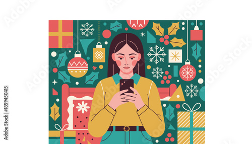 Festive digital connection Woman using phone for Christmas messages or online shopping