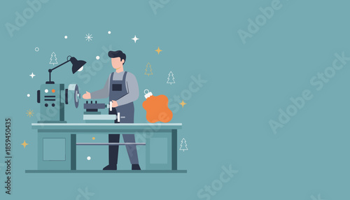 A craftsman uses a lathe to create Christmas ornaments blending industry with holiday production