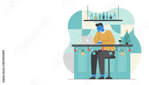 Sad man working remotely at a decorated bar counter during the Christmas season representing holiday stress