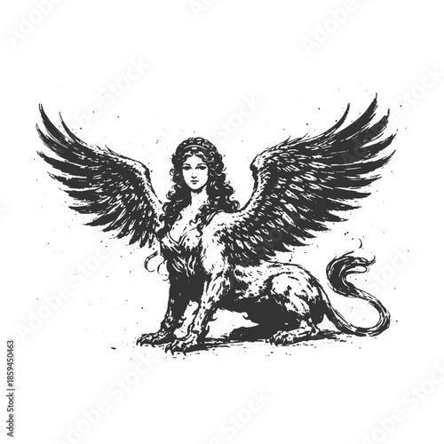 Mythical sphinx creature with wings and human face, black and white hand drawn line art vector illustration from ancient mythology