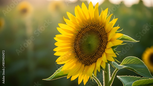 Vibrant Yellow Sunflower Blooming in Lush Green Field Vector Illustration