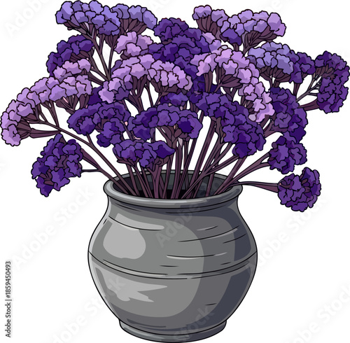 deep purple whispers illustrated forever flowers in a stoneware vase, vector isolated on transparent background