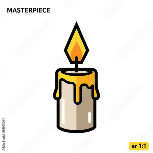 A simple illustration of a melting candle with a bright flame on top against a clean white background with warm tones.