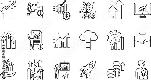 Collection of linear vector icons representing business growth, financial success, investment strategy, career advancement, market trends, and startup development.
