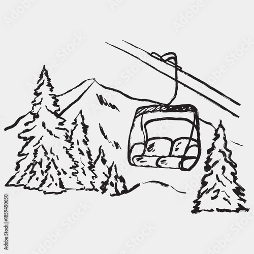 Hand drawn alpine ski lift scene with snowy pine trees and mountain. Winter adventure and outdoor skiing recreation. Vector sketch illustration in vintage crayon charcoal style