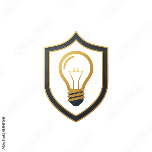 Logo of a gold lightbulb inside a shield with a black and gold outline on a white background.