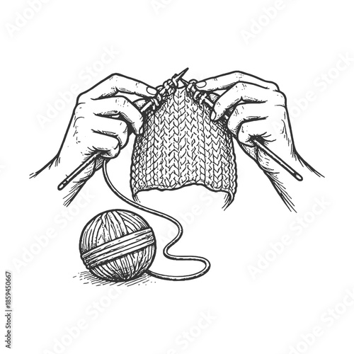Hands knitting with yarn and needles, black and white hand drawn line art vector illustration showing handmade craft and knitting process
