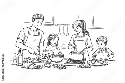 Happy family cooking together in kitchen, black and white hand drawn line art vector illustration showing togetherness and home life