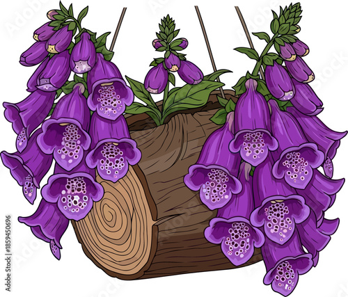 enchanted woodland chimes purple grandeur cascading from a rustic log planter, vector isolated on transparent background