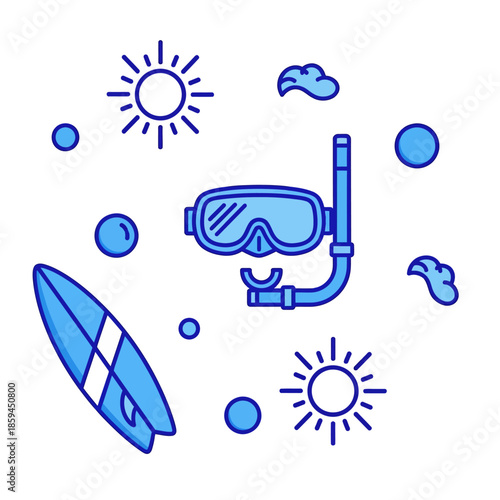A blue line drawing of a snorkeling mask and surfboard surrounded by suns, clouds, and bubbles on a white background.
