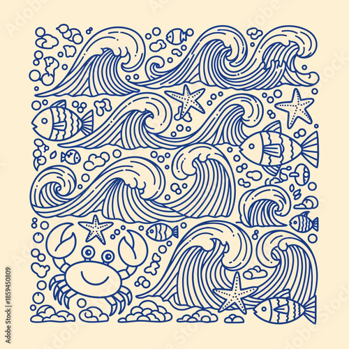 Illustration of a blue doodle design featuring ocean waves, fish, and sea creatures on a pale yellow background.