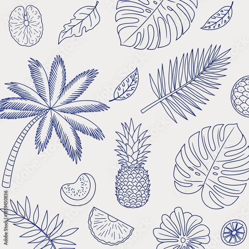 Seamless pattern of blue line drawings of tropical leaves, fruits, and flowers on a white background with a botanical illustration style.