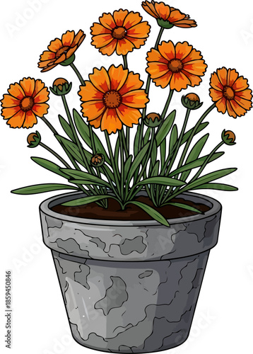 everlasting petal power whimsical illustration of sundrenched blooms in a textured vessel, vector isolated on transparent background
