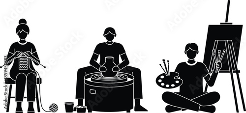 Creative hobbies silhouettes, knitting pottery painting, artistic craft activities, handmade skills illustration, people outline art, leisure creativity, cultural expression design