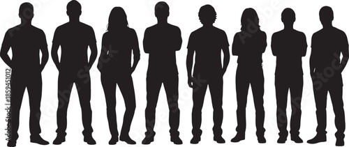 A group of eight people standing in a line in black silhouette