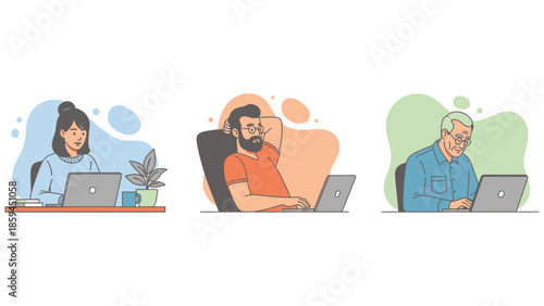 Diverse group of people working remotely from home, ideal for illustrating work-from-home concepts.