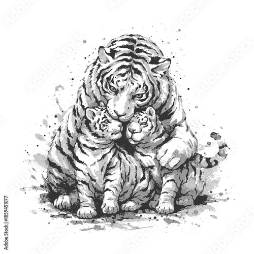 Tiger family with mother and cub sitting together, black and white hand drawn line art vector illustration depicting wildlife animals and natural behavior