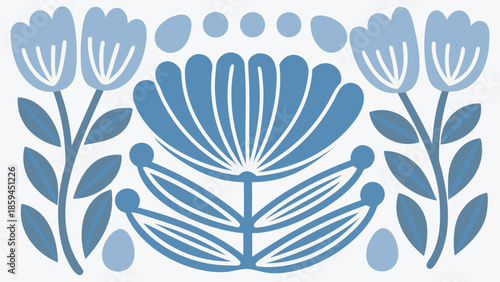 Blue floral pattern with stylized flowers and leaves on white background, decorative illustration