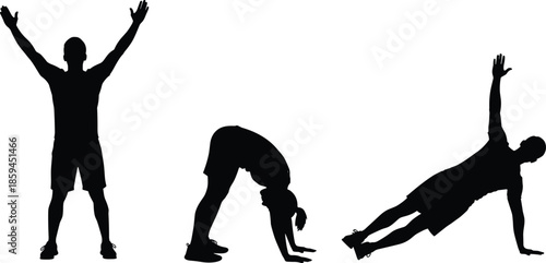 Fitness silhouette, yoga pose, exercise stretch, workout plank, healthy lifestyle, gym training, body movement, wellness activity, stretching routine, core strength