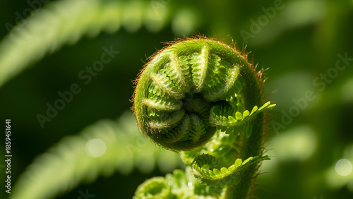 Emerging Fern Frond Unfurling in Vibrant Green Nature Vector Illustration