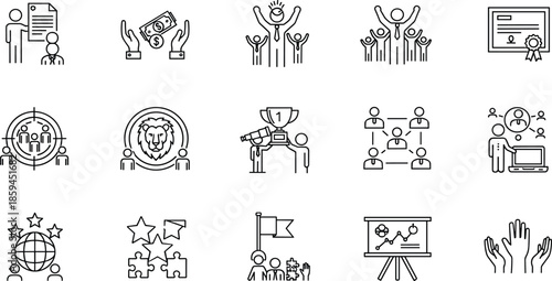 Comprehensive Vector Set of Business and Finance Line Icons for Management, Strategy, Leadership, Success, Recruitment, and Corporate Planning.