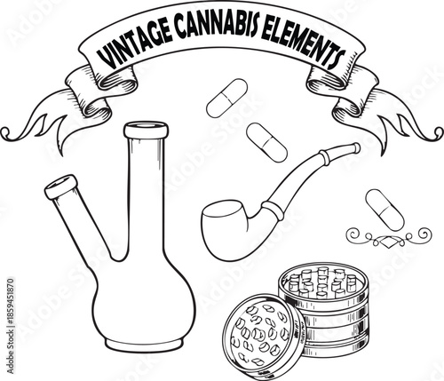 vintage cannabis elements, marijuana accessories set, hand drawn weed tools illustration