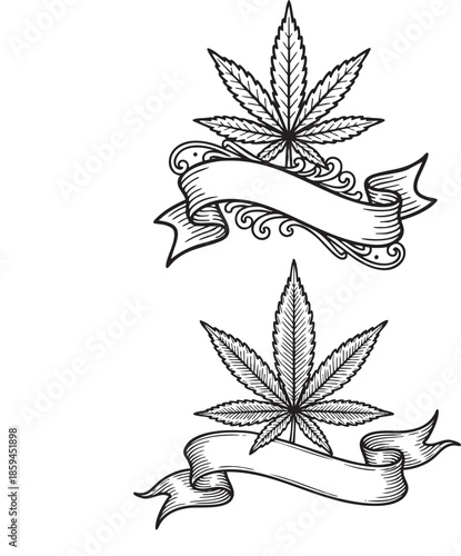 vintage cannabis leaf banner, marijuana leaf ribbon design, hand drawn weed label illustration