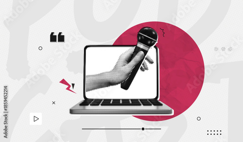 Trendy Halftone Collage Online Broadcasting concept. Computer laptop and hand holding microphone from screen. News and interview. Talking in podcast. Streaming service. Contemporary vector art