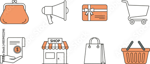Shopping and retail icons vector set featuring wallet megaphone gift card cart store and ecommerce symbols
