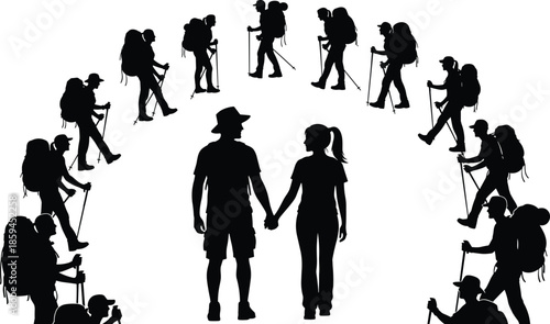 Hiking silhouettes, group of hikers, couple holding hands, outdoor adventure illustration, companionship unity, trekking art, nature activity design