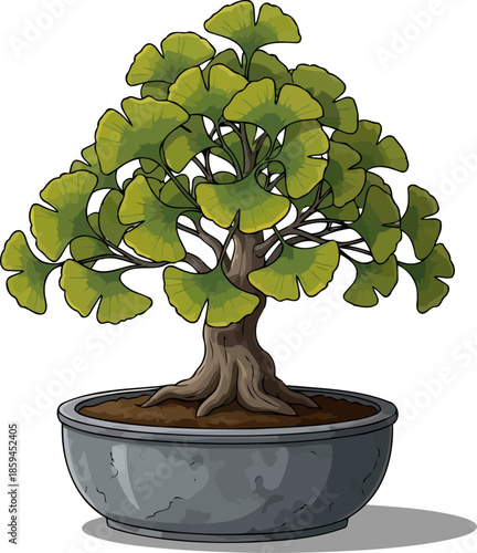 potted wisdom ginkgo bonsai artistry reflecting resilience and enduring spirit, vector isolated on transparent background