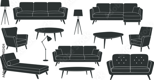 A collection of modern furniture and plants in a stylish living room setting with various decorative items