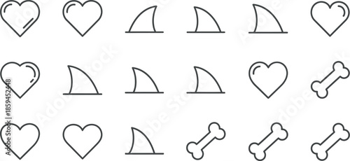 Collection of simple line icons for heart, shark fin and bone