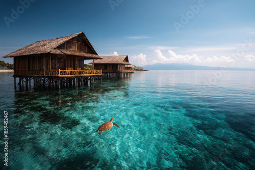 Turtle swimming near wooden houses tropical paradise stunning landscape surrounded by nature serene environment