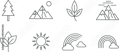 Collection of simple line icons representing nature elements