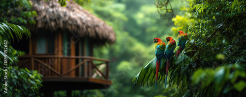 Vibrant macaws resting near eco-friendly house lush jungle landscape surrounded by nature various locations tropical environment