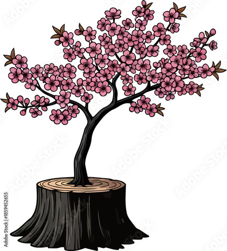 reborn beauty vibrant pink blooms sprout from a resilient tree stump, vector isolated on transparent background