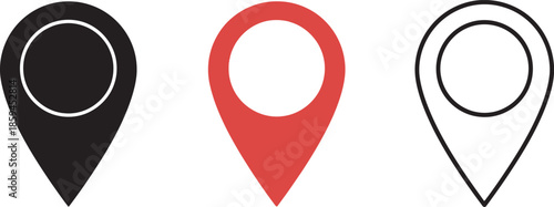 Three colored map pin icons in black red and white