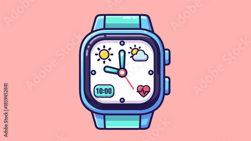 Cartoon Smartwatch Displaying Weather, Time, and Heart Rate Information.