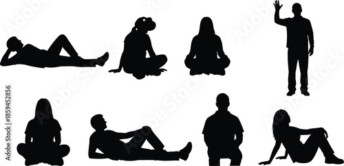 Seated silhouette, reclining figure, cross‑legged pose, human posture, lifestyle icon, body language, relaxation art, design element, activity illustration, ergonomic
