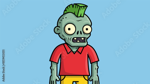 Cartoon Zombie with Green Mohawk and Red Shirt Illustration.