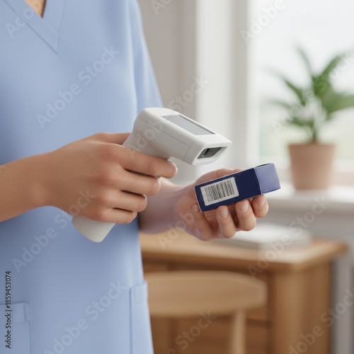 Nurse Scanning Barcode on Medication Box with Wireless Scanner in Bright Clinical Setting