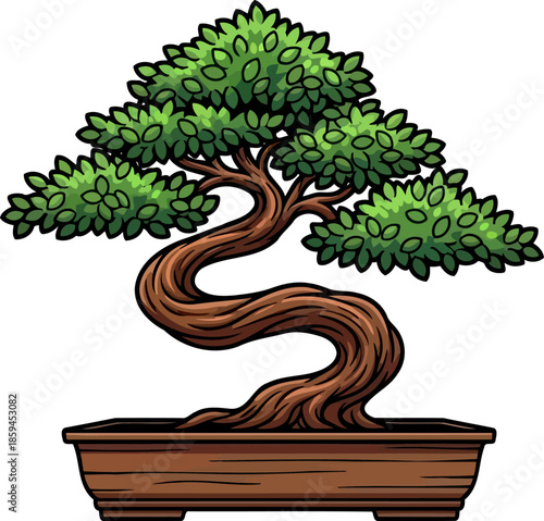 spirited serpentine dynamic bonsai illustration reflecting natures patient, artistic flow, vector isolated on transparent background