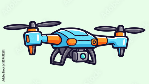 Cartoon Drone Illustration with Camera and Propellers on Light Background.