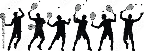 Tennis player silhouettes, dynamic action poses, racket and ball sports, athletic motion, competitive game, fitness training, professional match illustration